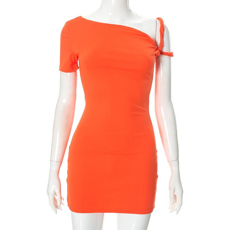 Damenmode Sommer Frühling Einfarbig Druck Kurzarm Schrägkragen Hohe Taille Freizeitkleider