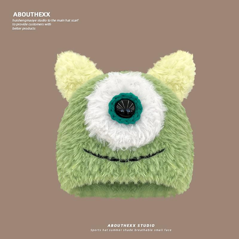 

Новая милая плюшевая шапка с одним глазом и защитой ушей для женщин на осень и зиму. Универсальная теплая вязаная шапка-пуловер. M（56-58cm）