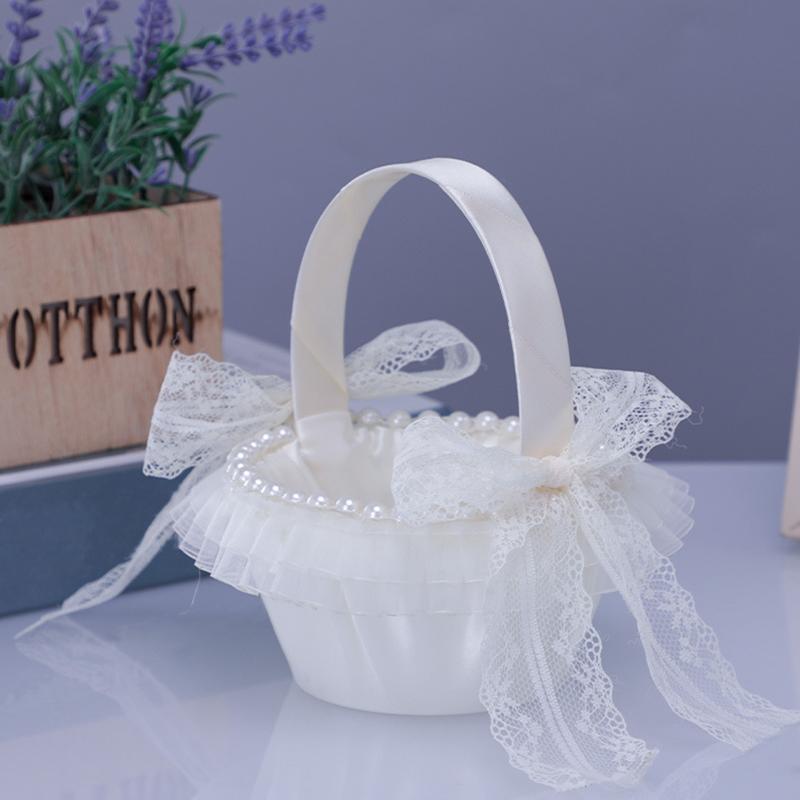 Pearl Handle Flower Basket Wedding Lace Bride Basket Pearl Decorative Flower Basket