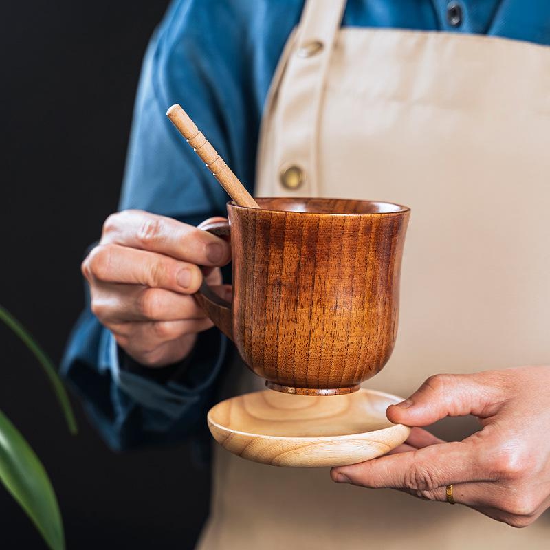 Wooden Big Belly Cups Japan Style Milk Water Cup with Handle Beer Coffee Milk Tea Mug Handmade Natural Kitchen Bar Drinkware Cup