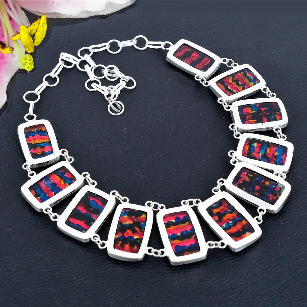 Mexican Dico Glass Gemstone 925 Sterling Silver Jewelry Necklace 18" KG-1861