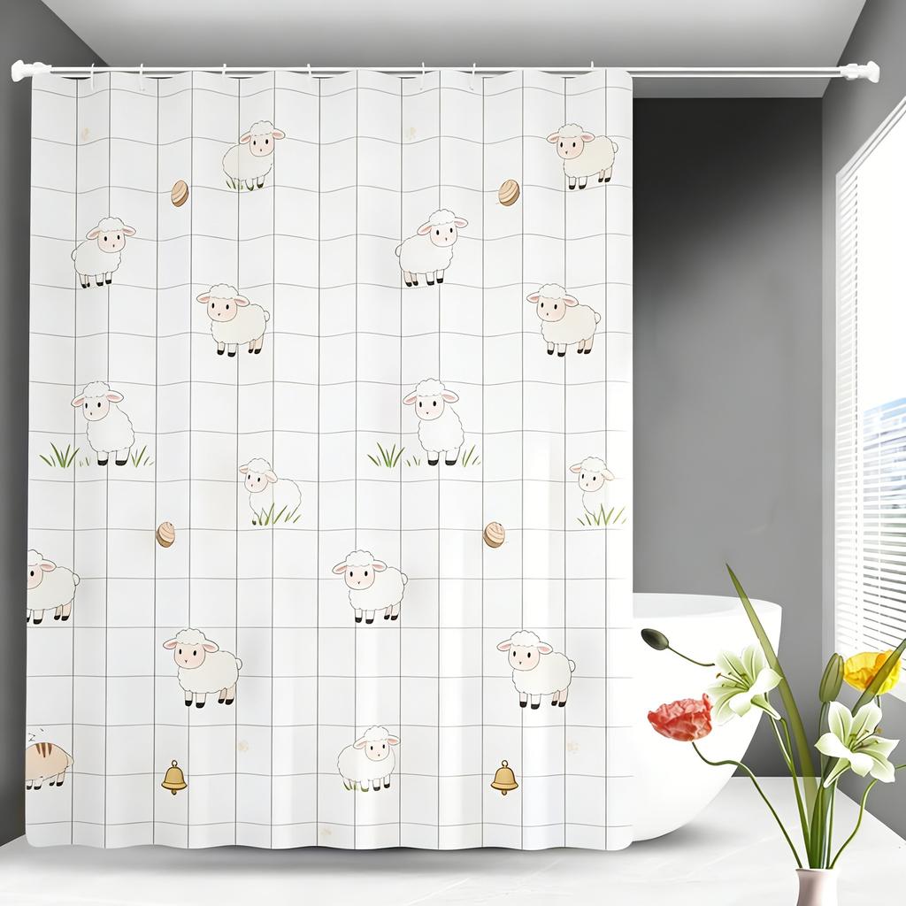Cute Cartoon Puppies & Kittens Shower Curtain - Waterproof Polyester with Hearts & Yarn Balls On White Grid
