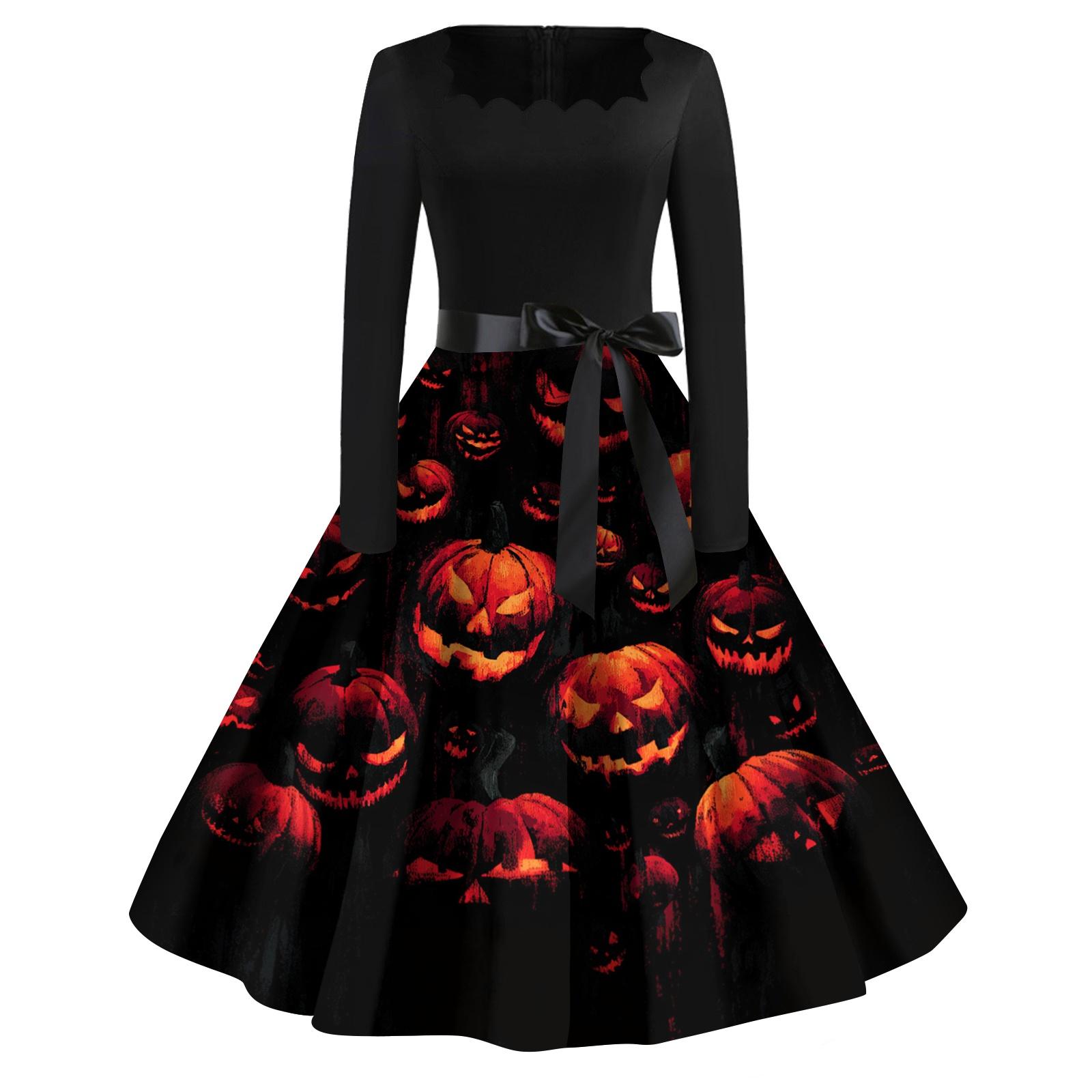 

Women Casual Vintage Dress Long Sleeve Square Neck Floral Print Halloween Party Swing Dress with Waist Tie Belt Elegant Retro Style XL жовтий