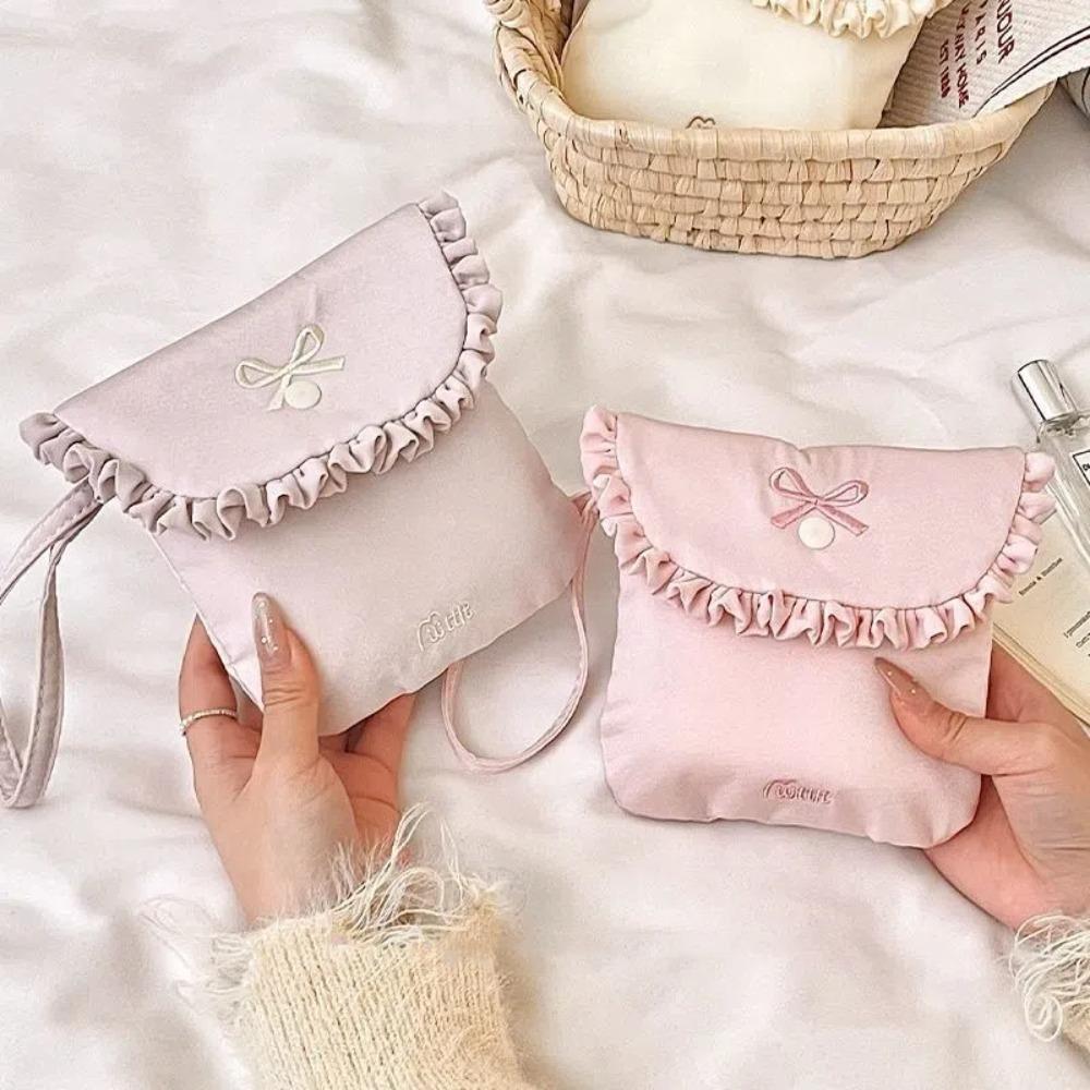 Portable Bow Embroidery Mini Storage Bag Multifunctional Solid Color Sanitary Napkins Bag Wallet Pouch Outdoor