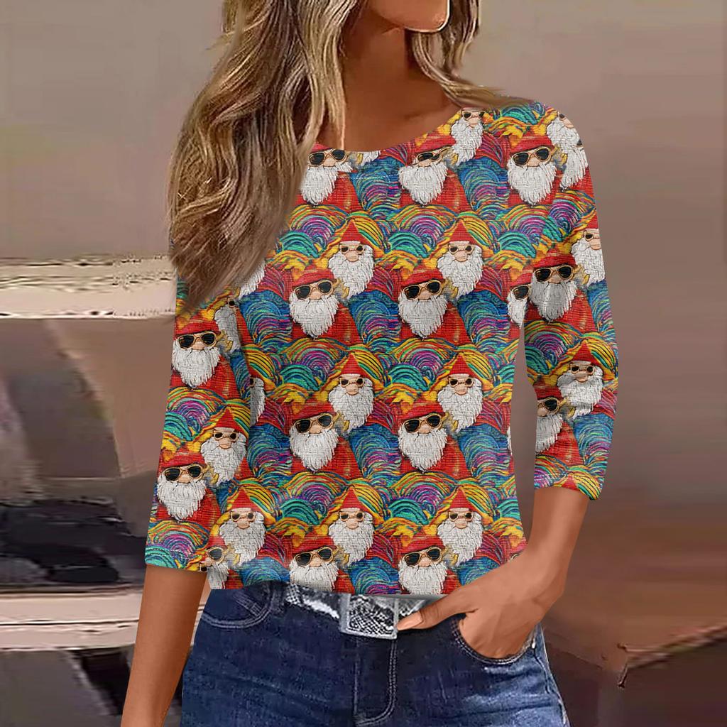 Women's Fashionable Casual Three Quarter Sleeve Christmas Printed Round Neck Top