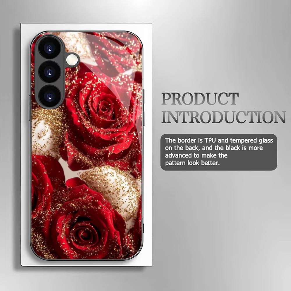 Rose black tempered glass phone case for Samsung Galaxy S26 S25 S24 S23 S22 S21 S20 fe/plus/ultra anti drop