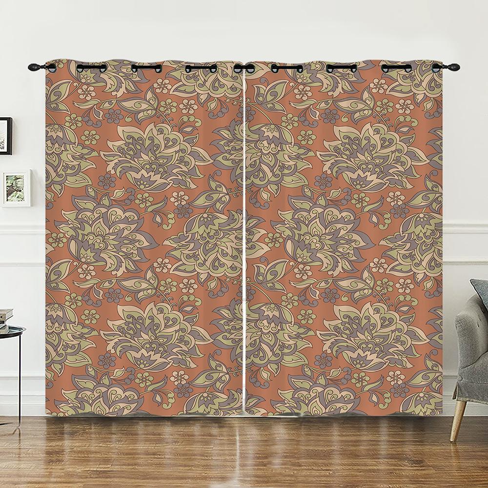 Curtains Court Pattern Retro Flower Curtain Digital Printing Blackout Curtain No Punching