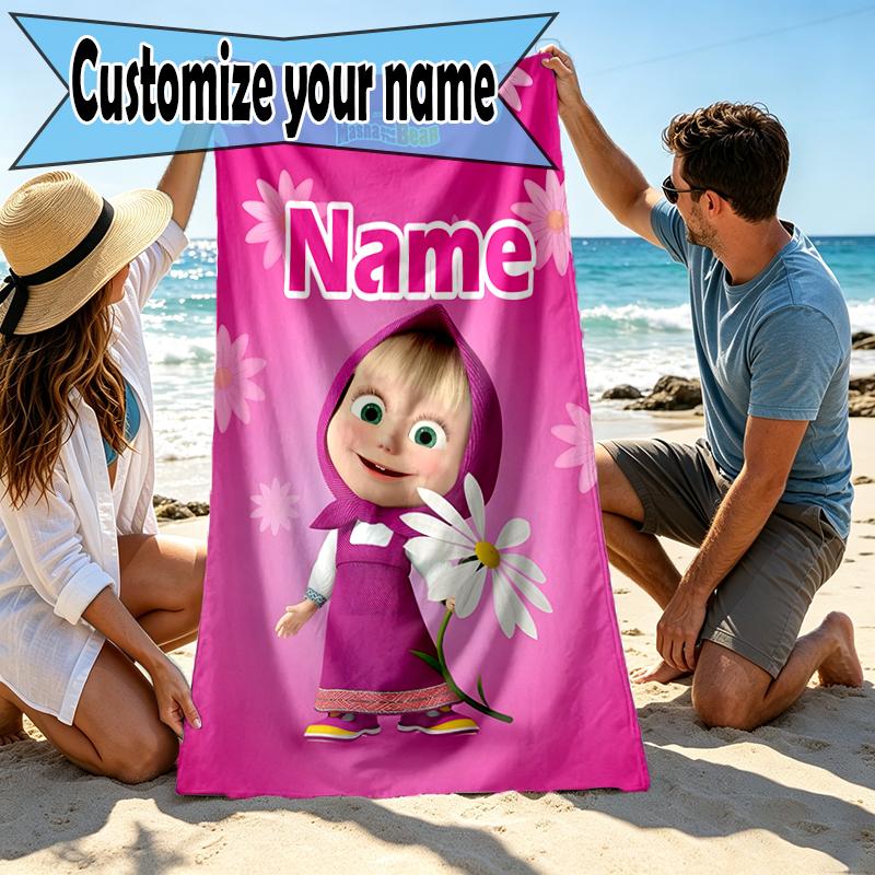 Asciugamano da Spiaggia Personalizzato con Nome Masha e Orso, per Viaggio Campeggio Festa in Spiaggia Decorazione Casa, Regalo di Compleanno per Famiglia e Amici