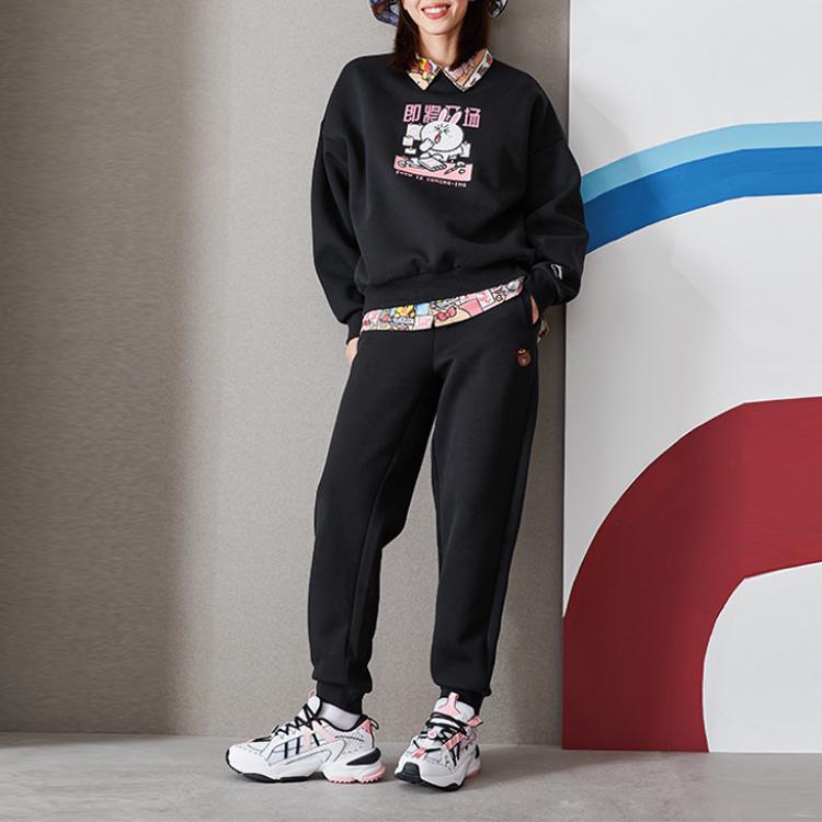 Li Ning X Line Friends Collaboration Cartoon Embroidered Cuffed Running Sports Pants Women Pants Black AKLQ974-1