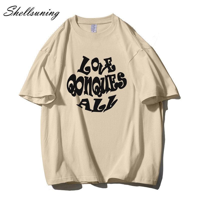 Shellsuning Oversized Letter Graphic T Shirts Men Summer Soft 100% Cotton Short Sleeve Tees Female Trendy Loose High Street Tops