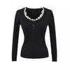 Pure Desire Lace Patchwork V-neck Knitted Sweater for Women's Autumn and Winter New Fitted Long-sleeved Base Layer, High-end Top