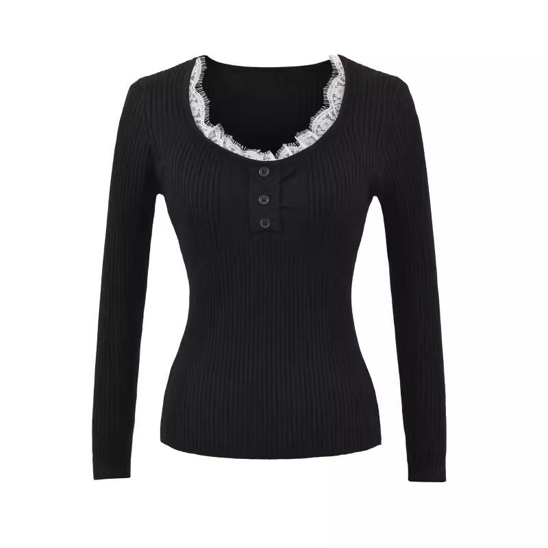 Pure Desire Lace Patchwork V-neck Knitted Sweater for Women's Autumn and Winter New Fitted Long-sleeved Base Layer, High-end Top