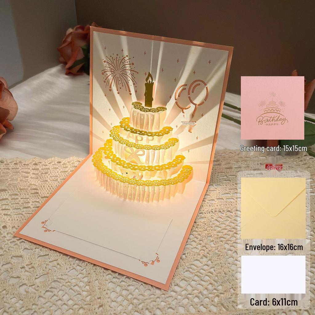 Dźwiękowa kartka urodzinowa 3D Pop-Up ze światłem do nagrywania - Wzór tortu na prezent dla chłopaka/dziewczyny