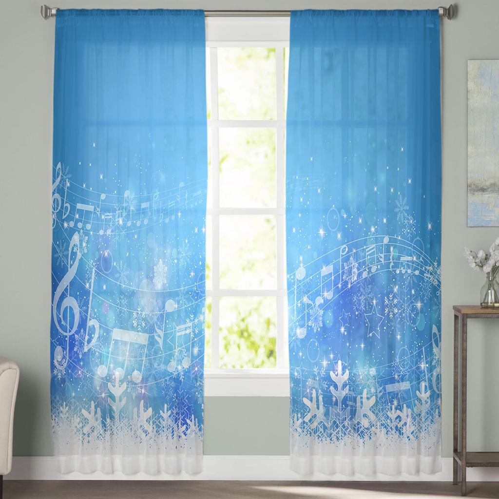 Music Winter Blue Christmas Tulle Curtains For Living Room Decoration Bedroom Sheer Curtains Room Kitchen Window Treatment