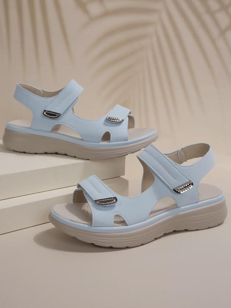 Summer 2025 Women's Sporty Wedge Heel Genuine Leather Sandals - Soft, Lightweight, Velcro, Plus Size Slippers.
