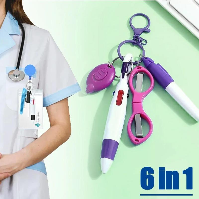 Set Penna a Sfera Retrattile Multifunzione 6 in 1 Torcia Forbici Pieghevoli Portachiavi Penne per Infermieri Pennarello Indelebile