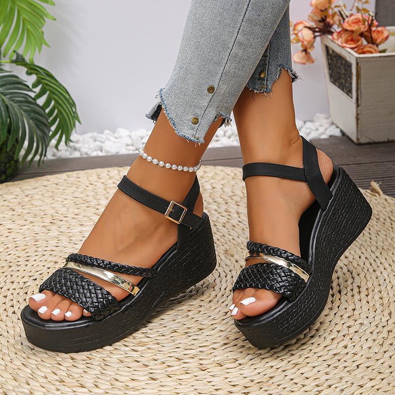 Fashion Braided Wedge Sandals for Women Summer 2025 Black Ankle Strap Platform Sandals Woman Thick Sole Non Slip Beach Sandalias