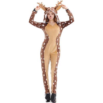 Adult Women Animals Sika Deer Elk Christmas Reindeer Velvet Hooded Jumpsuit New Year Halloween Role Play Dress Up Cosplay Costume