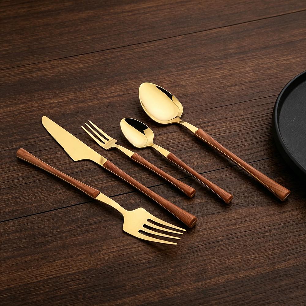 5Pcs Imitation Wooden Handle Dinnerware Cutlery Set Stainless Steel Tableware Western Knife Fork Spoons Silverware Flatware