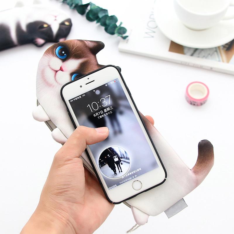 Students Printed Simulate Cat Pen Bag Makeup Container Change Purse Christmas Gift