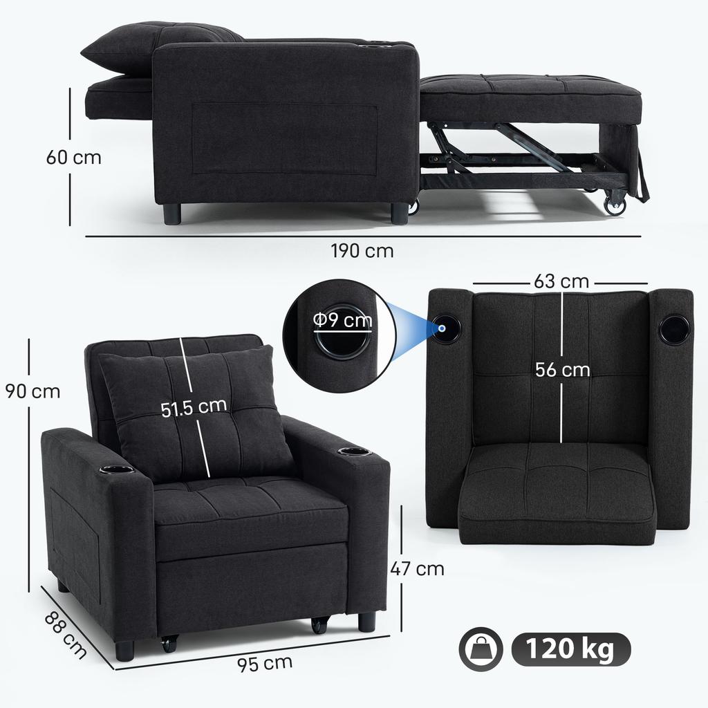 3-in-1 Single Sofa Bed, Convertible Sleeper Chair Bed - Black