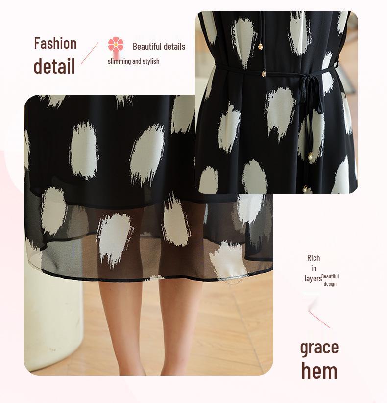 Summer Women's Short-Sleeved Chiffon Midi Dress with Meat-Print Design