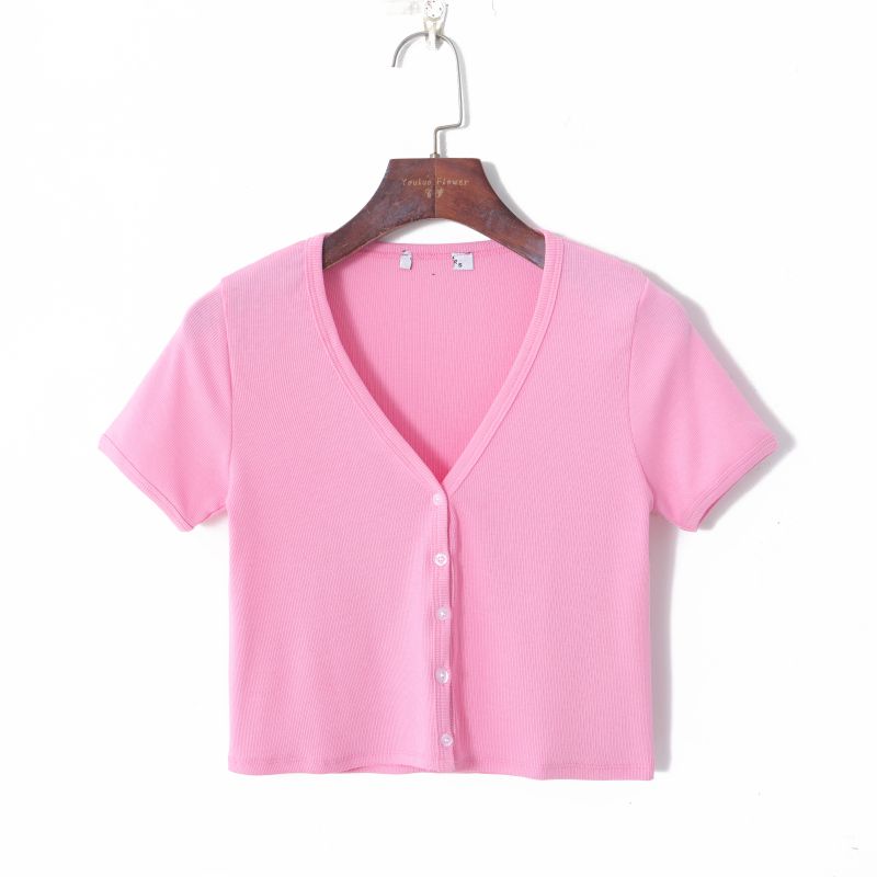 

Женская минималистичная однотонная трикотажная футболка облегающего кроя с V-образным вырезом в корейском стиле Pink S