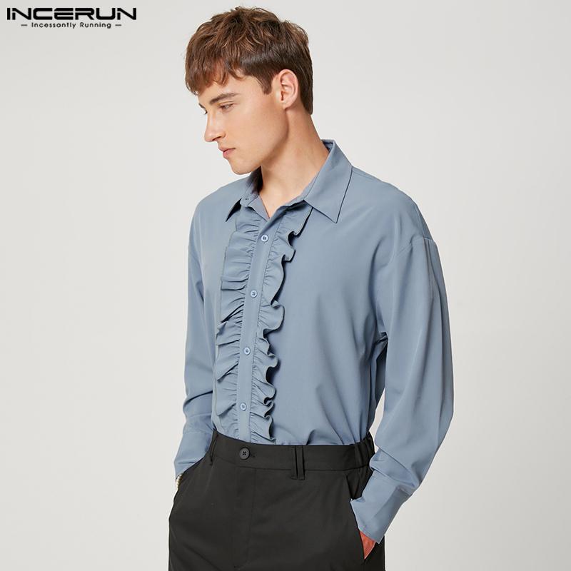 

INCERUN S-5XL весенние мужские рубашки с длинным рукавом с бантом, облегающие однотонные вечерние повседневные свободные блузки, топы