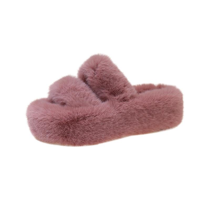 Foreign trade large-size fluffy slippers for women's outer wear 2025 new Korean version of home furnishing autumn and winter one-word thick-soled cott