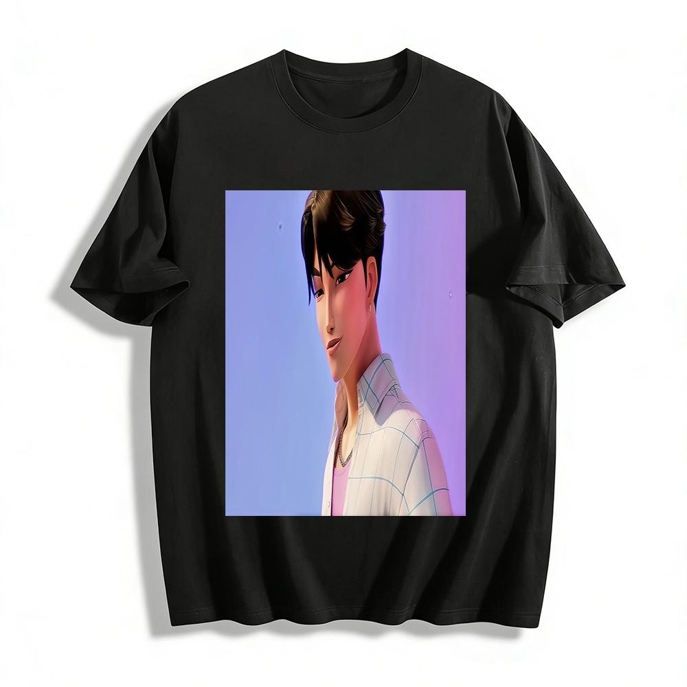 

Korean Style Handsome Anime Character Print Casual Shirt Loose Breathable Lapel Top For Daily Commute Pure cotton T-shirt 6XL