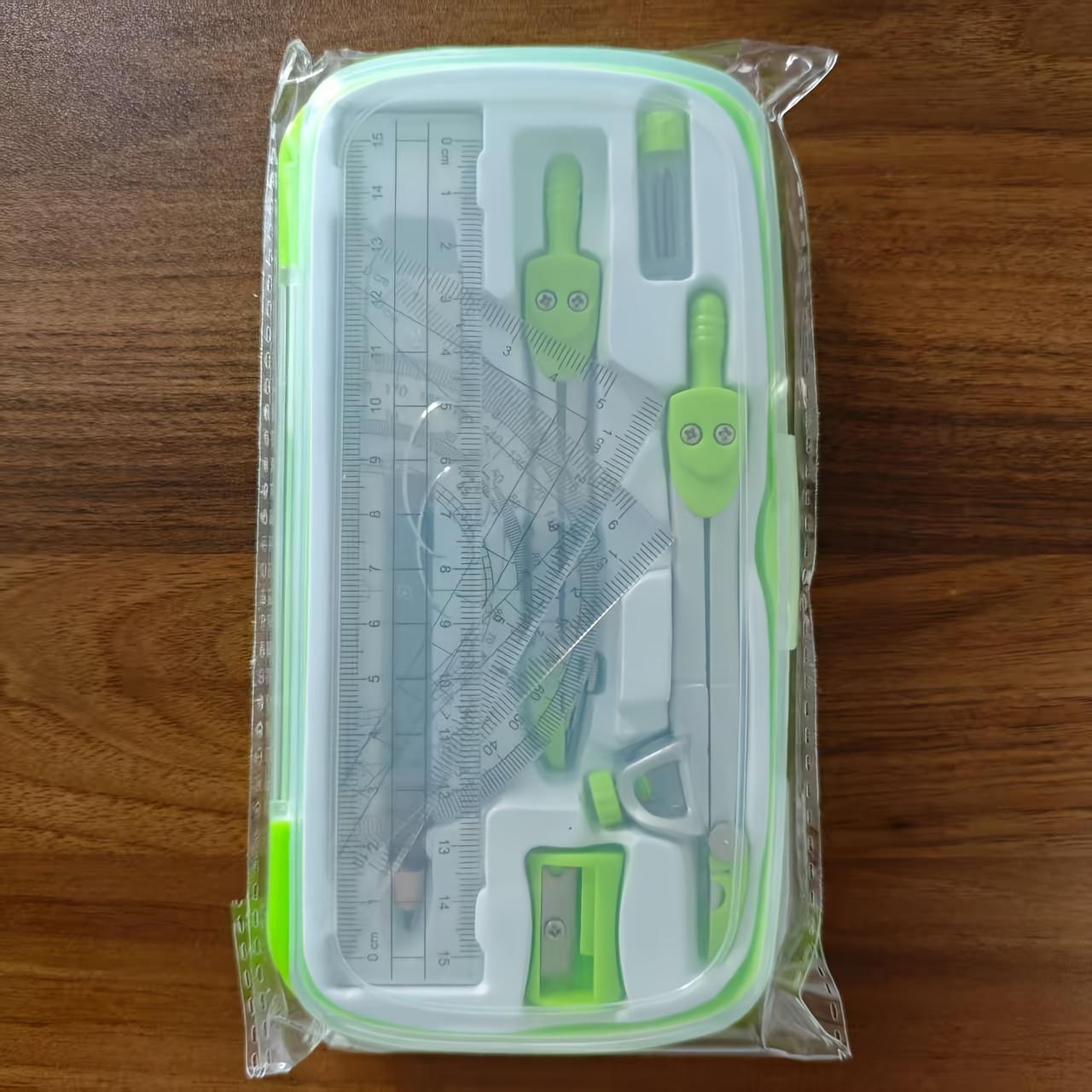 

Геометрический циркуль и набор инструментов для точного рисования с прозрачным футляром - Идеально подходит для студентов и архитекторов, включает линейку, транспортир и ластик, зелёный