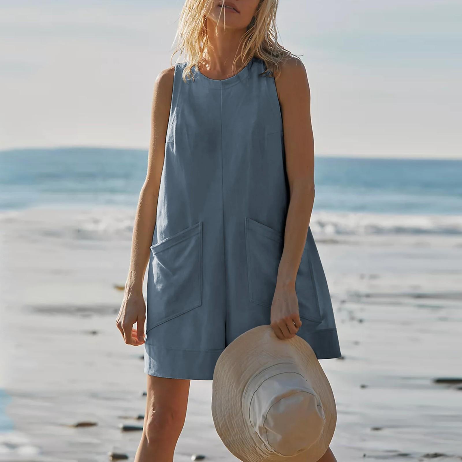 

Негабаритные комбинезоны для женщин, повседневный широкий комбинезон-капри без рукавов с карманами XL синий