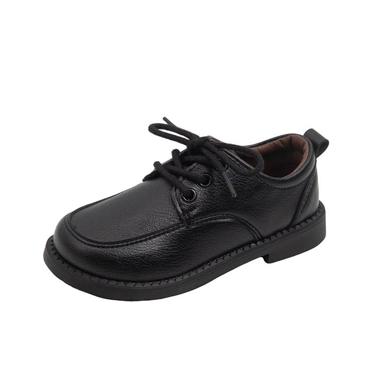 Chaussures en Cuir à Lacets Noir Mat pour Garçons – Antidérapantes, Respirantes, Velcro, Style Britannique, Tenue Décontractée Printemps & Automne