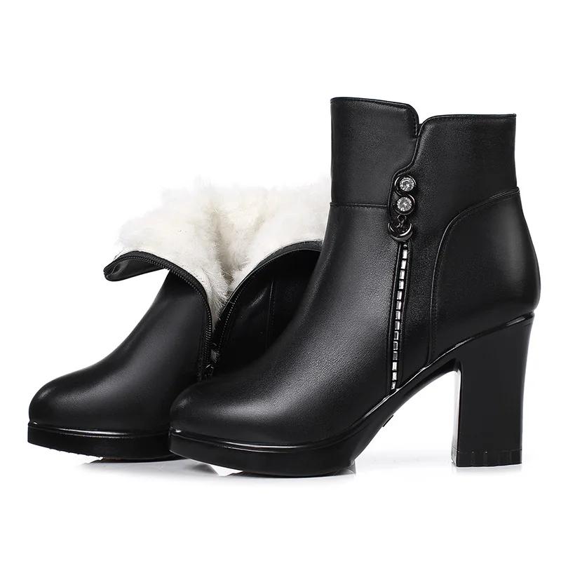 Genuine Leather Winter Women Boots Warm High Heels Ankle Boots Women Thick Wool Warm Snow Boots Woman 2025 Elegant High Heels