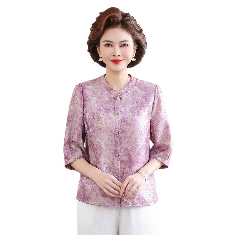 Mom's Summer Seven-Sleeve Loose-Fit Printed Shirt for Middle-Aged Women, Imitation Silk