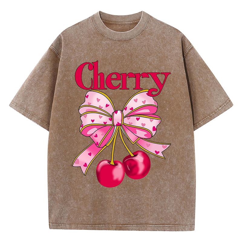 Pink Bow Cherry Prints Washed TShirts Womens Cotton Oversized Tops Distressed ONeck Comfortable T Shirts Summer Woman Clothes