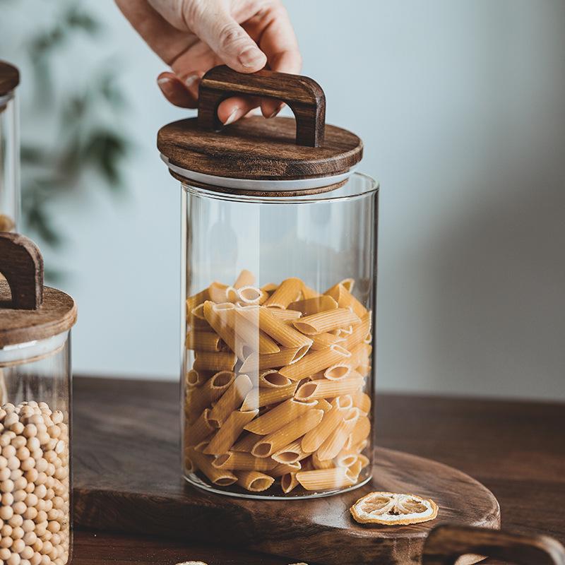 Barattolo da cucina giapponese: Cereali Integrali, Buccia di Mandarino Essiccata, Chicchi di Caffè - Contenitore in Vetro con Coperchio in Legno Massello, Grande Capacità, Varie Misure