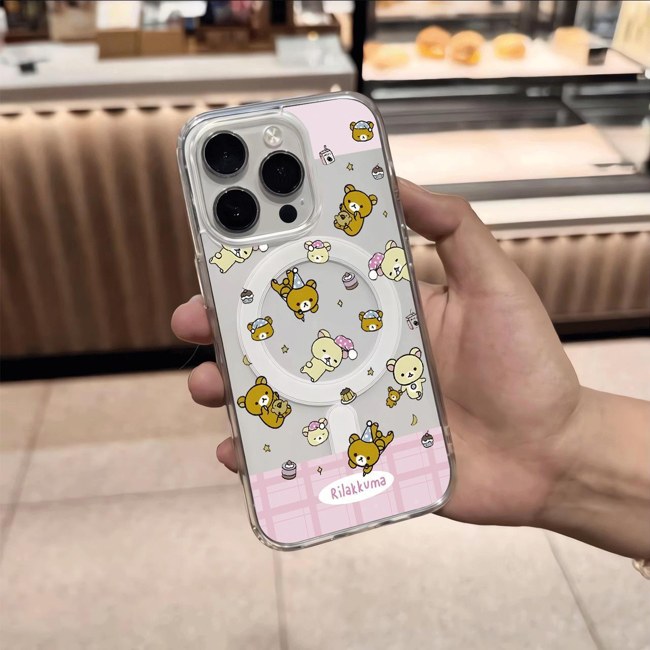

Pink Grid Rilakkuma Transparent Magnetic Case for Apple iPhone 15 Pro Max with AI Button Apple 12PROMAX