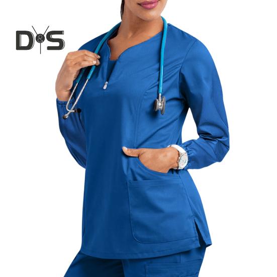 

Уніформа медсестри з 4 кишенями, напівпланка на блискавці, довгі рукави, бічний розріз, низ, вільний крой, спецодяг для медсестер XL синій