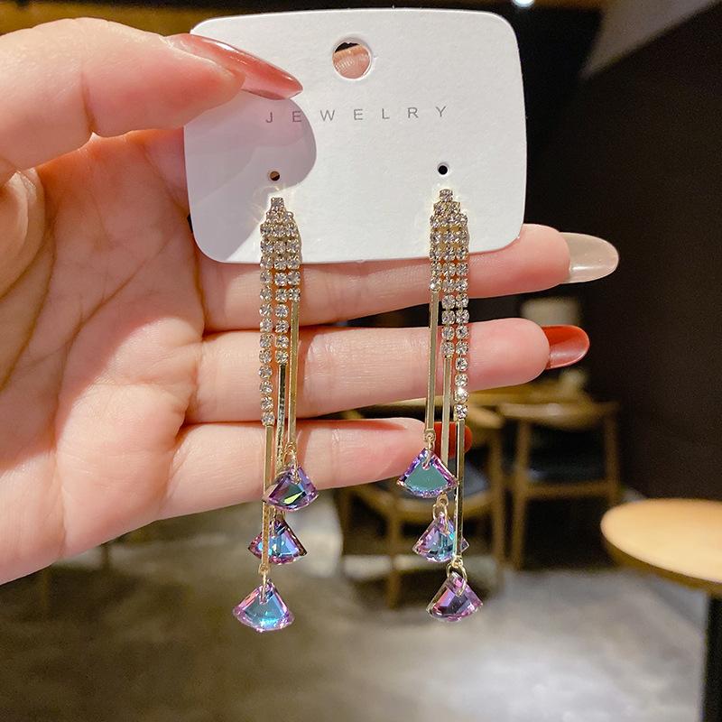 Silver needle Dongdaemun temperament stud earrings women's micro-inlaid zircon long earrings ins design earrings women