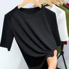 Mid-sleeved T-shirt for Women's Summer New Women's Round Neck Cotton T-shirt Simple Solid Color Waist-hugging Top