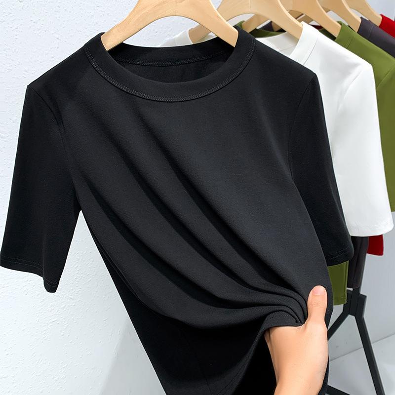 Mid-sleeved T-shirt for Women's Summer New Women's Round Neck Cotton T-shirt Simple Solid Color Waist-hugging Top