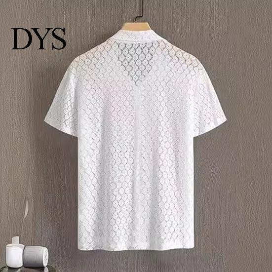 Loose Men Shirt Summer Hollow See-through Lace Flower Pattern Turn-down Collar Design Short Sleeves Single-breasted Mid Length Cardigan Vacation Beach