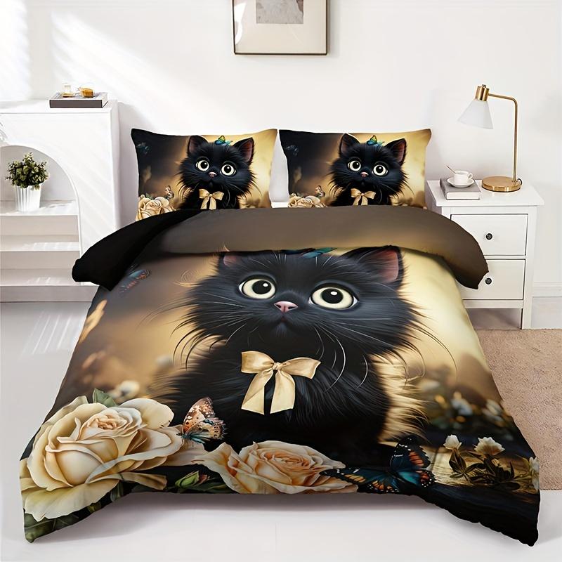 Charming Cat & Yelow Rose Beding Set Breathable Polyester Al-Season Comfort Machine Washable Ideal for Home or Dorm Decor