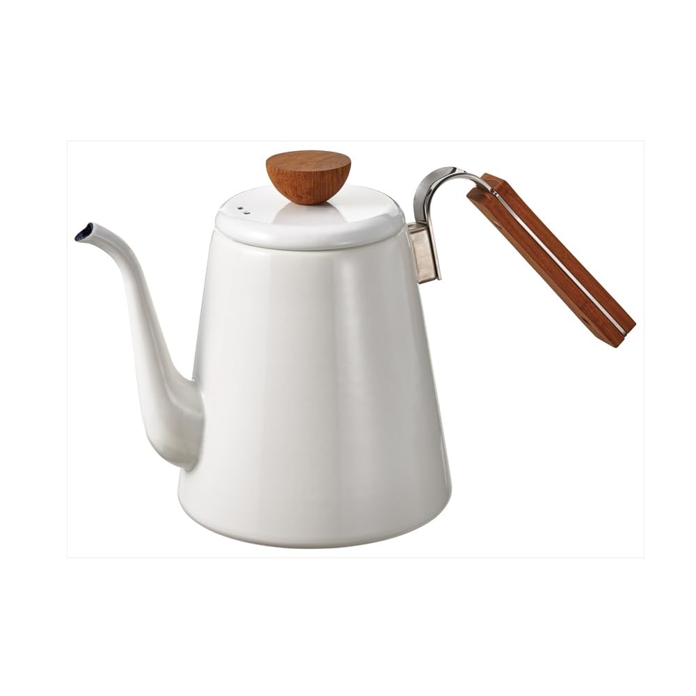 Hario Bona Enamel Drip Kettle, a Simple-style Drip Kettle Made of Enamel and Natural Wood. Gift Wrapping Available. Model Number: BDK-80-W