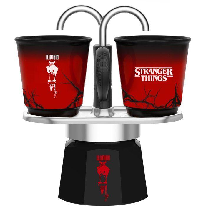 Cafetiere italienne - BIALETTI - Set Mini express - Collection Stranger Things - Avec 2 tasses thermosensibles - Noir / Rouge