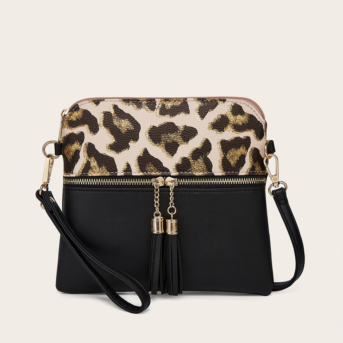 

Women s bag new color matching leopard print fringed bag women s fashion shoulder bag crossbody shell bag