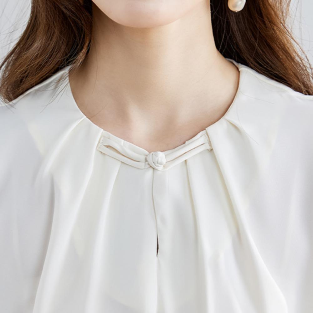 GMXIA Women's Summer White Short Sleeve Shirt Pressure Pleated Vintage Plate Button Chiffon Blouse Top