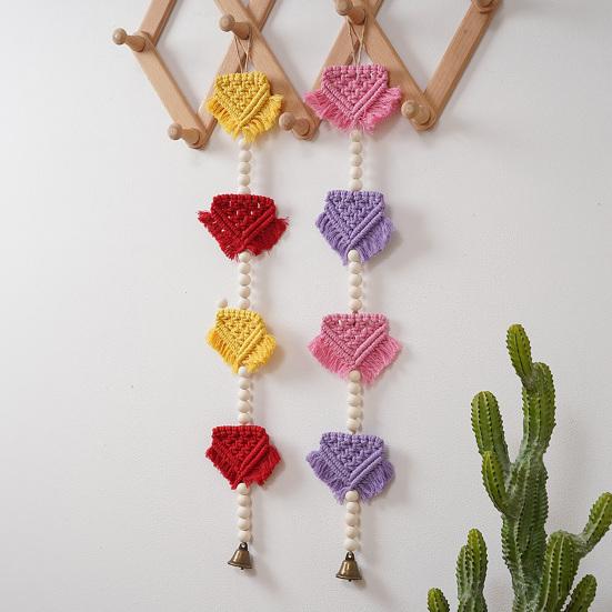 Yousheng Braided Triangles Tapestry with Bell, Wall Hanging Geometric Tapestry, Knotted Rope Tapestry with Wooden Beads for Home Nursery
