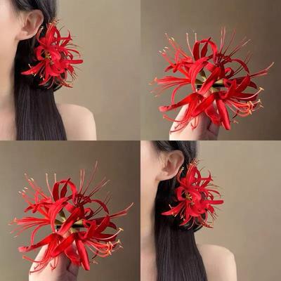 1Pc Red Flower Hairpins Side Clips Elegant Floral Headdress Chain Tassel Headpieces for Women Bride Chinese Wedding Hair Jewelry